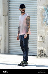 Adam Levine and wife Behati Prinsloo on the set of Maroon 5's music video for their next single 'Animals' Featuring: Adam Levine Where: Los Angeles, California, United States When: 30 Aug 2014 Stock Photo - Alamy
