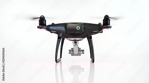 Black drone with camera takes off on white background. Quadcopter for flying and shooting 4K UHD video and photos.