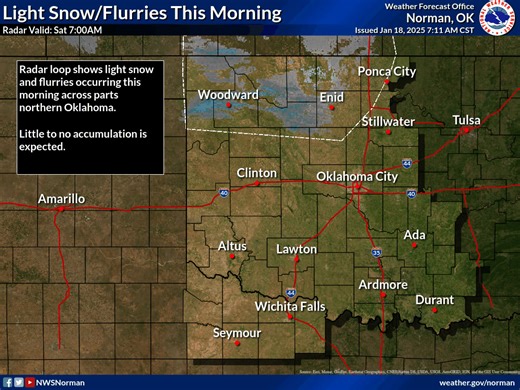 7:10AM - Radar is picking up on an area of light snow and flurries over northern Oklahoma this morning. Little to no accumulation is expected. | US National Weather Service Norman Oklahoma