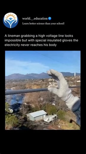 Science Explained on Instagram: "When people see a lineman touch a live power line carrying tens of thousands of volts, it looks impossible — but the safety comes from sound electrical engineering, strict procedures, and specialized personal protective equipment. Insulating gloves are the core of that protection. They’re made from dielectric elastomers (rubber or synthetic rubber) that do not conduct electricity; the material’s dielectric strength prevents current from passing through the glove 