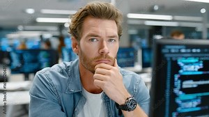 Intense Programmer's Focus: A focused male programmer intensely analyzes lines of code on his screen in a high-tech office environment.