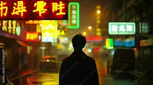 The buzzing of neon signs and the sound of cars passing by were the only distractions for the solitary figure walking along the abandoned . AI generation.