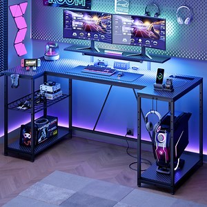 Bestier 63" Gaming Desk with LED Lights, U-Shaped Computer Desk with Outlets & Monitor Stand, Home Office Desk with Storage Shelves in Carbon Fiber