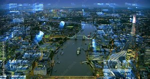 Aerial Skyline of London with Stock Exchange Figures. Augmented reality elements over London Financial District with Economic Charts and Data. Representing concepts as Big data, AI, IOT.