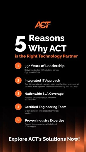 For over 35 years, ACT has empowered businesses across Egypt and MENA with integrated IT solutions!🚀 With experience and deep expertise, ACT keeps your IT systems running efficiently and securely while ensuring they are scalable, future-ready, and fully aligned with your business goals. Connect with us now to discover our solutions! #ACT #DigitalTransformation #SmartTechnology #FutureOfTechnology | Advanced Computer Technology (ACT)