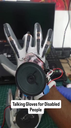 Suyash Desai on Instagram: "This is my Sign Language Converter / Talking Glove Prototype — built to help people who can’t speak communicate using simple hand gestures. The idea is simple: Hand gesture → Sensor data → Arduino processing → Voice output through a speaker. Each gesture triggers a pre-recorded voice message like “I need help”, “Thank you”, or “I’m hungry”. Main Components Used: • Arduino Nano – the brain of the project • Flex Sensors – to detect finger movements • DFPlayer Mini – for