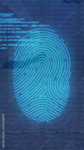 Vertical video: Fingerprint shifting red or cyan on scan, band sliding and HUD updating for access