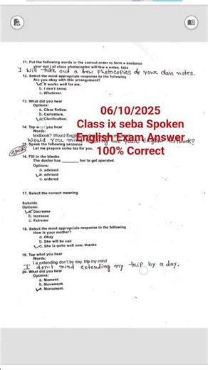 100% Correct answer seba Spoken English class Ix seba Spoken English Exam