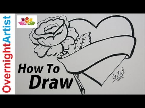 Beautiful Easy Drawing For Real Beginners- How To Draw Heart rose & banner