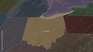 Ohio - state of the United States zoomed on the administrative map of the globe. Animation 3D