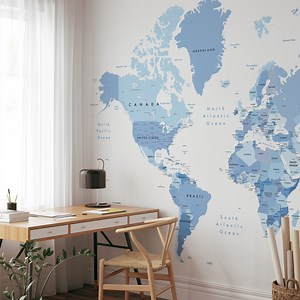 Blue Large World Map Wallpaper | Peel and Stick Removable Self Adhesive World Map Wall Mural | Self Adhesive or Pre-pasted Wallpaper | Eco - Etsy
