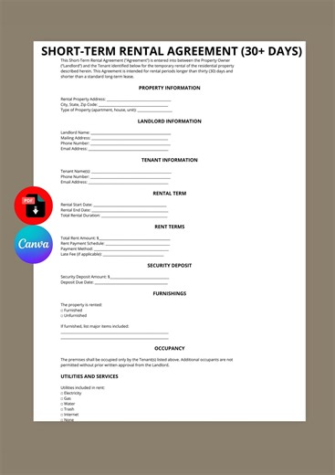 Short-term Rental Agreement Template | 30+ Day Lease Contract (canva PDF) - Etsy