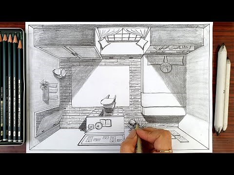 Drawing A Bedroom For Teen In One Point Perspective | Bird's Eye View | Timelapse
