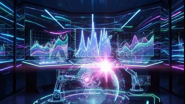 Dynamic visualization of glowing data graphs and interactive holograms in a futuristic environment