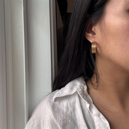 14K Triple Gold Hoops, Ribbed Hoops Solid Gold Hoops - Etsy