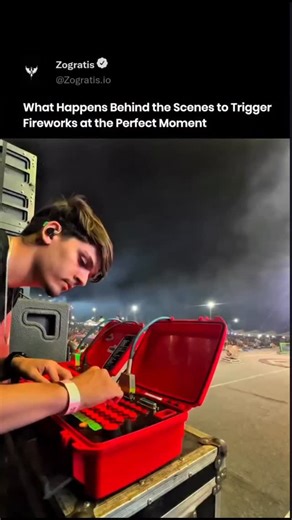 Zogratis on Instagram: "Most people think fireworks are timed by hand or triggered wirelessly from a distance. The process is far more controlled. Each effect fires through a professional pyrotechnic control system. A technician uses a hard wired firing panel connected to electric igniters called e matches. The system sends split second electrical signals. These signals follow exact sequences synced with music, lighting, and stage timing. Redundant safety circuits, arming keys, and fail safes bl