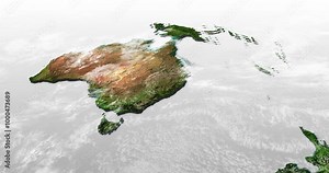 Map, world and aerial view with planet, clouds and land with Australia and country above. Ocean, graphic and globe of topography, geology and island environment with climate and ecosystem info