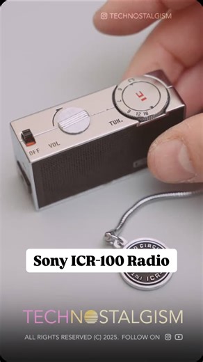 Tech Nostalgism on Instagram: "🆕 technostalgism.com/store (link in bio) Sony’s first integrated circuit radio, from 1967, ICR-100. It was the world’s smallest with a loudspeaker before being dethroned by the other Sony matchbox-sized radio, the ICR-120 (ICR-90 in some markets). It featured a built-in rechargeable battery and would play for about 6 hours after a 14-hour charge in an AirPods-like case that would plug directly into the mains. . . . #sony #icr100 #icr90 #icr120 #radio #vintage #aud