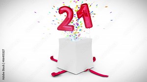 Digital animation of birthday gift exploding and revealing number twenty one Stock Video