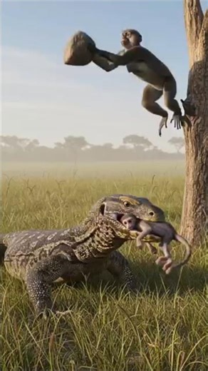"Monkey Uses Rock to Save Baby from Lizard 🐒🪨 #monkey #stonerock