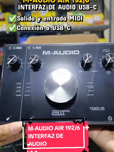 🔊🎚️ M-AUDIO AIR 192|6 – INTERFAZ DE AUDIO USB-C 🎚️🔊 ✅ Interfaz de audio 2 entradas / 2 salidas con resolución 24 bits / 192 kHz ✅ 2 preamplificadores Crystal de bajo ruido para grabaciones claras ✅ 2 entradas Hi-Z para conectar guitarra o bajo directamente ✅ Entrada y salida MIDI para controladores y equipos externos ✅ Conexión USB-C de alta velocidad con latencia ultra baja (~2.59 ms) ✅ Phantom Power 48V para micrófonos de condensador ✅ Control de monitoreo directo (sin latencia) ✅ Salidas 