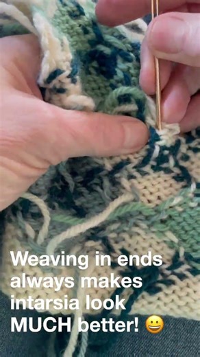 #knitting Intarsia-- Weaving in ends makes everything look better! 🙂