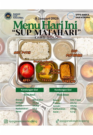 MBG hari ke-72 menyajikan Sup Matahari khas Solo, hidangan tradisional yang telah dikenal sejak masa kuliner Jawa klasik dan sering disajikan dalam jamuan keluarga maupun acara adat. Sup ini dinamakan “Matahari” karena bentuk dan warna isian sayurannya yang tersusun menyerupai sinar matahari, melambangkan kehangatan, kebersamaan, dan harapan. Sup Matahari khas Solo mengutamakan kuah bening dengan beragam sayuran dan sumber protein yang dimasak secara sederhana agar kandungan gizinya tetap terjag
