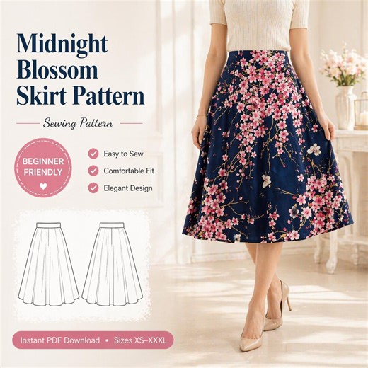 Midnight Blossom Skirt Sewing Pattern PDF, Womens Floral Skirt Pattern, High Waist Midi Skirt, Elegant A Line Skirt, Instant Download”= - Etsy