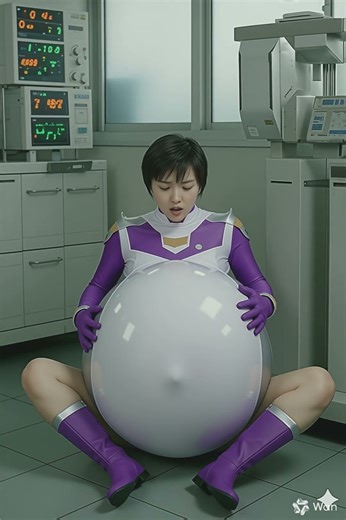 Violet Sentai girl has Belly Expansion until her belly like a balloon