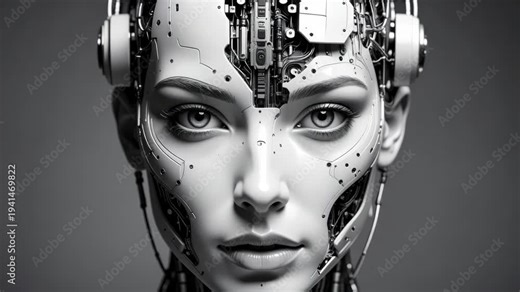 Close-up of a highly detailed realistic female android face with exposed internal mechanics