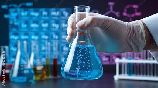 Hand Holding Blue Liquid in Flask with Chemical Background Experiment, Scientific Research, Medical