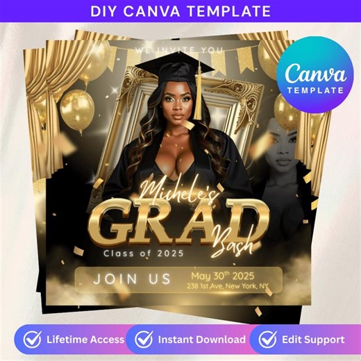 Graduation Invitation Template, Editable Grad Flyer, Graduation Announcement, Graduation Evite, Printable Invite, Black Gold Party - Etsy