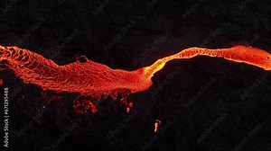 Volcano Eruption, Lava River Flows Down the Mountain Slope, Red-hot Burning Magma Erupts From Ground