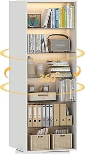 6 Tier Rotating Bookshelf with Light, 360° Corner Revolving Bookcase with Adjustable Shelf, Rotating Bookcase with Floor-Standing Storage Display Rack for Living Room, Study Room (White)