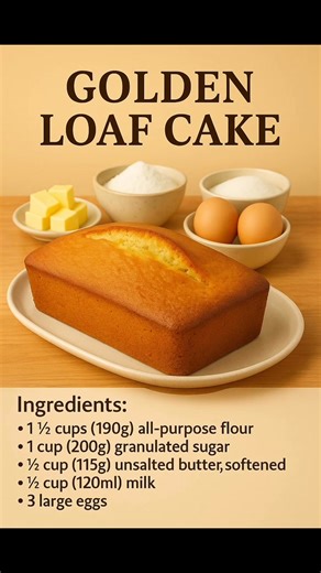 🍞 Golden Loaf Cake Recipe Ingredients: • 1 ½ cups (190g) all-purpose flour • 1 cup (200g) granulated sugar • ½ cup (115g) unsalted butter, softened • ½ cup (120ml) milk • 3 large eggs • 1 ½ teaspoons baking powder • ½ teaspoon vanilla extract • A pinch of salt ⸻ 🧁 Instructions: 1. Preheat the oven to 350°F (175°C). Grease and line a loaf pan (9x5 inch) with parchment paper. 2. Cream butter and sugar together in a large bowl until light and fluffy (about 3–4 minutes). 3. Add eggs one at a time,