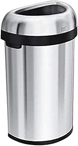 simplehuman 60 Liter / 15.9 Gallon Large Semi-Round Open Top Trash Can Commercial Grade Heavy Gauge, Brushed Stainless Steel