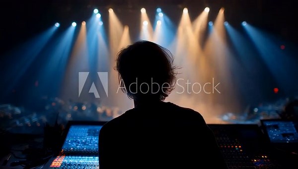 Theater lighting designer collaborating with director analyzing light plots and adjusting beam intensities to enhance mood and atmosphere on an empty stage.