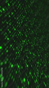 Vertical video - a matrix of glowing green computer binary code ones and zeros with glitch effect. Digital data coding technology background. Computer programming or hacking concept.