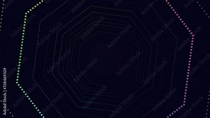 A colorful hexagonal pattern formed by lines and dots. The lines are in shades of purple, blue, and green, surrounding white dots in the center of each line