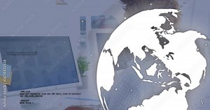 Developer coding and swiping screen showing globe overlay mapping data before stretching arms