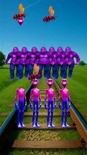 4 Colorful Aliens Dance Battle vs Giant GTA Beast & Train Driver Tom