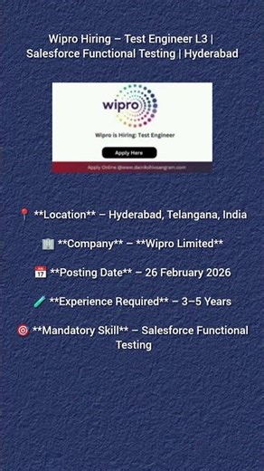 Wipro Hiring – Test Engineer L3 | Salesforce Functional Testing | Hyderabad #shorts