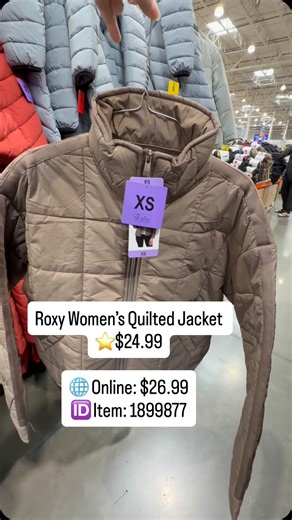 Only Costco Clothes on Instagram: "Roxy Women’s Quilted Jacket — $24.99 🌐 Online: $26.99 🆔 Item: 1899877 Sizing: • XS–XXL • Size conversion: — XS = 0 — S = 2 — M = 4–6 — L = 8–10 — XL = 12–14 — XXL = 16–18 Colors: Blue | Black | Brown Features: • Roxy • Colors: Blue (Wildwind), Brown (Expresso), Black • Inner zip pocket • Snap-button cuffs • Two welt pockets • Oversized boxy fit • Lightweight #blackfriday #Roxy #costco#trending #Fyp"