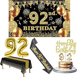 92nd Birthday Decorations Men Women with 92nd Birthday Banner, Black and Gold Table Cloth, Number Balloons, Large Sash, Cake Topper and Candles