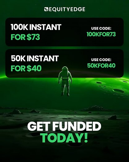 GET FUNDED TODAY. ⚡⁠ ⁠ No waiting. No challenges. Just instant funding at our best prices.⁠ ⁠ ➡️ $100k Instant Account for only $73 (use code: 100KFOR73)⁠ ➡️ $50k Instant Account for only $40 (use code: 50KFOR40)⁠ ⁠ ⁠ Tap the link in our bio @equityedgeuk to get started now! 🔗 | Equity Edge Uk