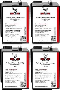 4 Pack 765-9 Replacement Fluorescent Red Ink Cartridge for Pitney Bowes SendPro C, SendPro+, DM300C, DM400C, DM450C, DM475C & G900 Series Postage Meters (50ml)