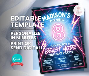 Beast Birthday Invitation, Any Age, Neon Lightning, Editable Template, Digital Party Invite, Printable Bday Card, Instant Download, - Etsy