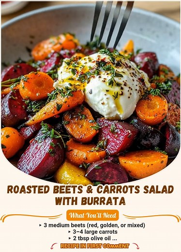 Earthy, Sweet, Creamy, and Herby in Every Bite. 🥕🧀🌿 This warm Roasted Beets & Carrots Salad with Burrata is tossed in olive oil and herbs, served with a dreamy dollop of burrata, and finished with cracked pepper and a drizzle of golden oil. The kind of dish that makes vegetables feel indulgent and soul-soothing. 🧂 Ingredients: ▸ 3 medium beets (red, golden, or mixed), peeled and chopped ▸ 3–4 large carrots, peeled and sliced thick ▸ 2 tbsp olive oil...👇💬 #RoastedBeetSalad #BurrataRecipes #