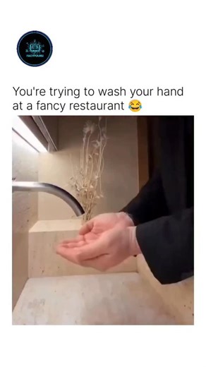 knowledge motivation and facts on Instagram: "The video comically depicts the universal struggle of washing your hands at a fancy restaurant with an oversensitive, sensor-activated sink. A sharply dressed man first attempts the basic motion, holding his hands under the faucet to no avail. He then escalates his efforts, first waving his hands politely, then with more vigor, almost like applauding, and finally, resorting to using a small, dried ornamental plant placed near the sensor to trigger th