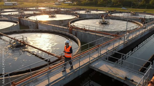 Worker walks on bridge at water treatment plant with circular tanks. Engineer inspects wastewater facility at sunset. Worker crosses bridge over treatment tanks. Plant with water basins at sunset.